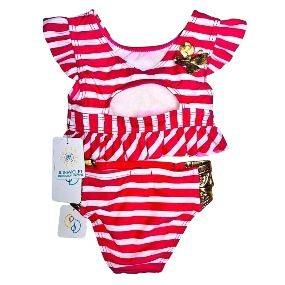Flapdoodles 2T Girls 2 Piece Swimsuit Pink Gold Sequin‎ Butterfly NWT